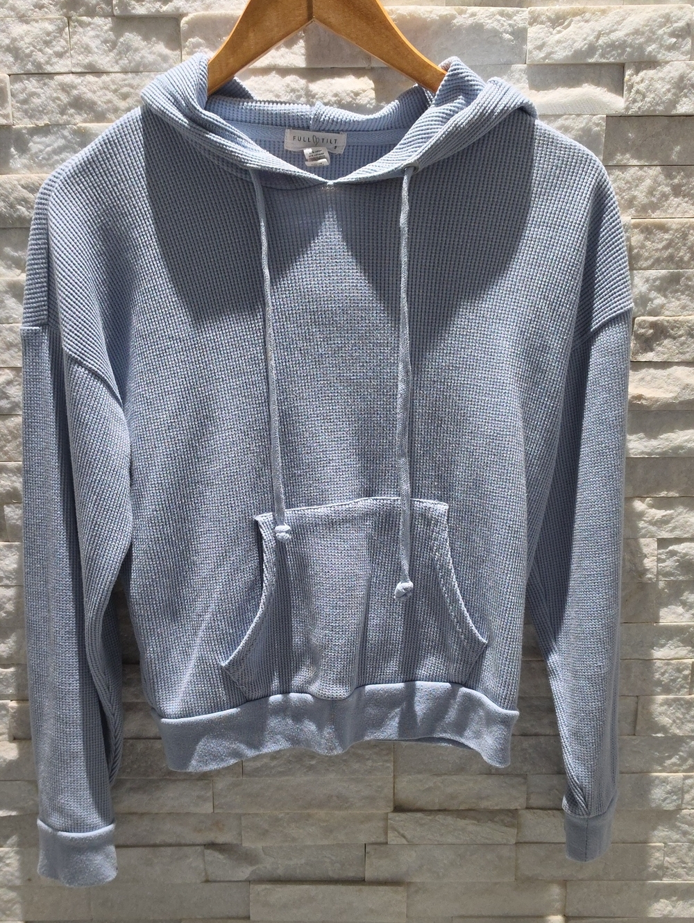 Full Tilt Light Blue Waffle-Knit Hoodie